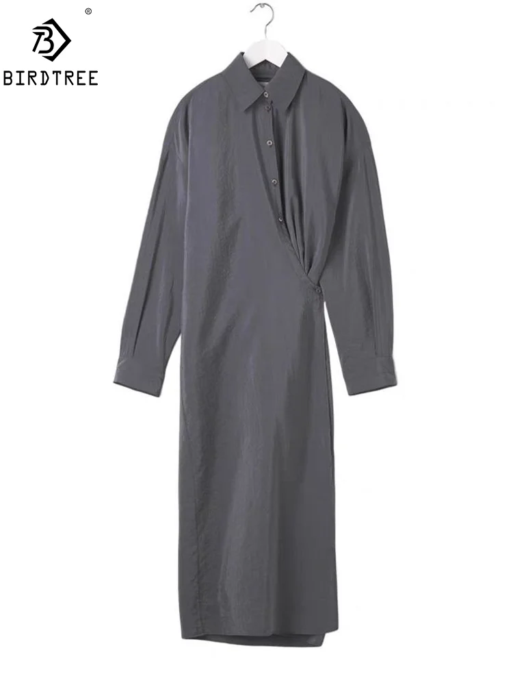 

BirdTree, 17.9MM Dry Silk Elegant Dresses, Women's Lapel Long Sleeve, Designed Commute Shirt Dress, 2024 Spring Summer D44930QM