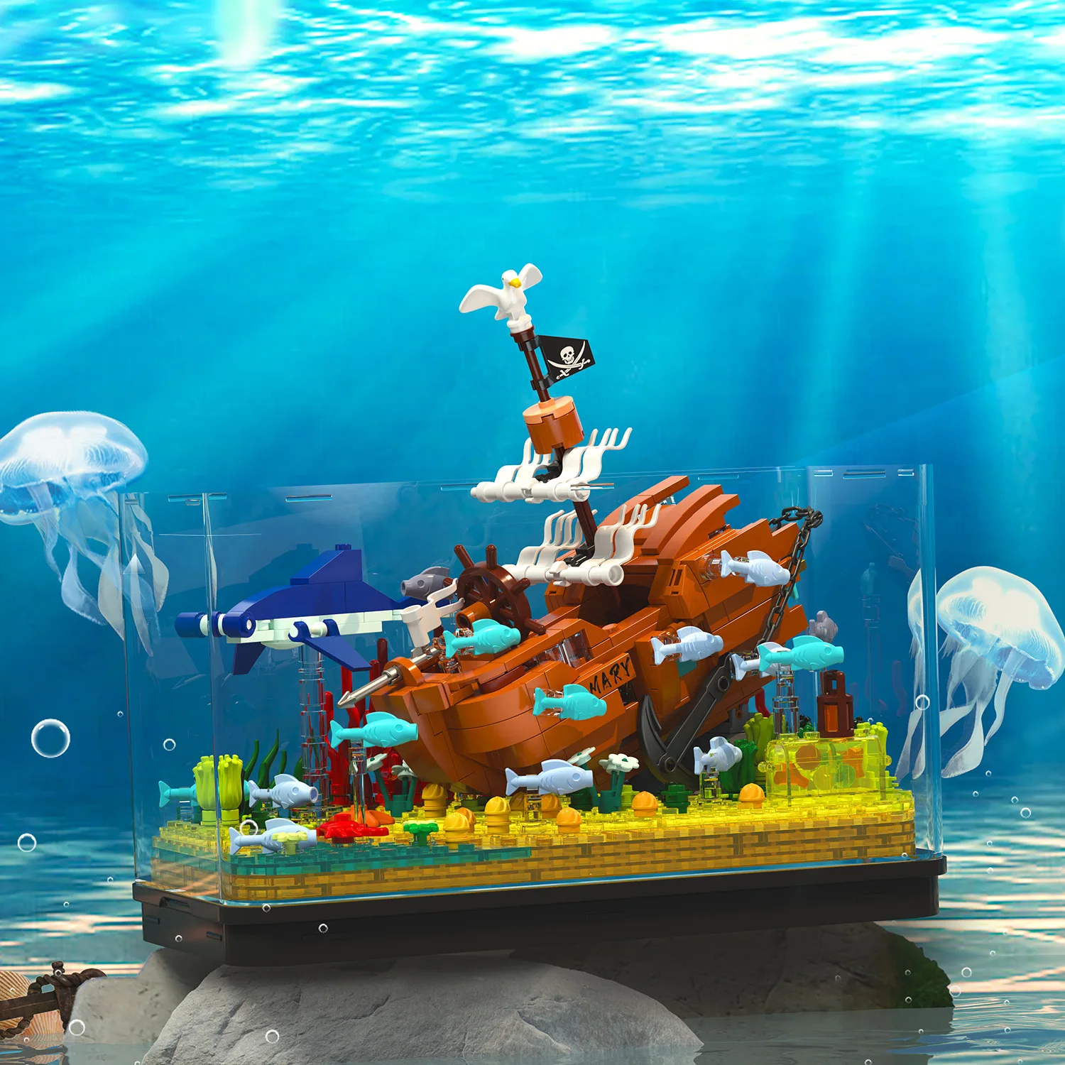 

Loz Fishbowl Mini Diamond Build Block Creative Caribbean Wreck Silent Mary Pirate Ship Fish Tank Model Brick Toy With Light