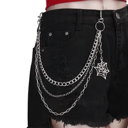 Layered Punk Metal Rock Trousers Keychain with Spider Web Pendant - Unisex Accessory Gift (Silver)