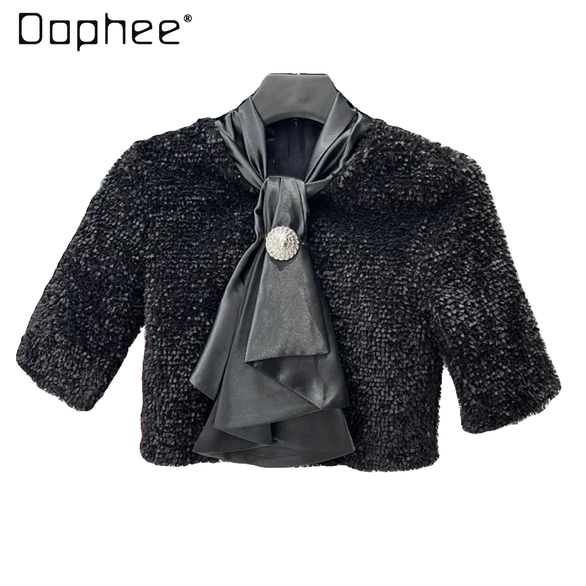 

Socialite Simple Women's Bowknot Decorative Furry Coat Sweet Style Temperamental All-Match Round Collar Long Sleeve Black Jacket