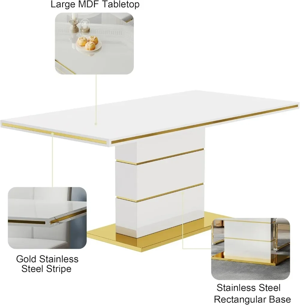 Dining Table Set for 6 with Tufted Chairs and Stainless Steel Base