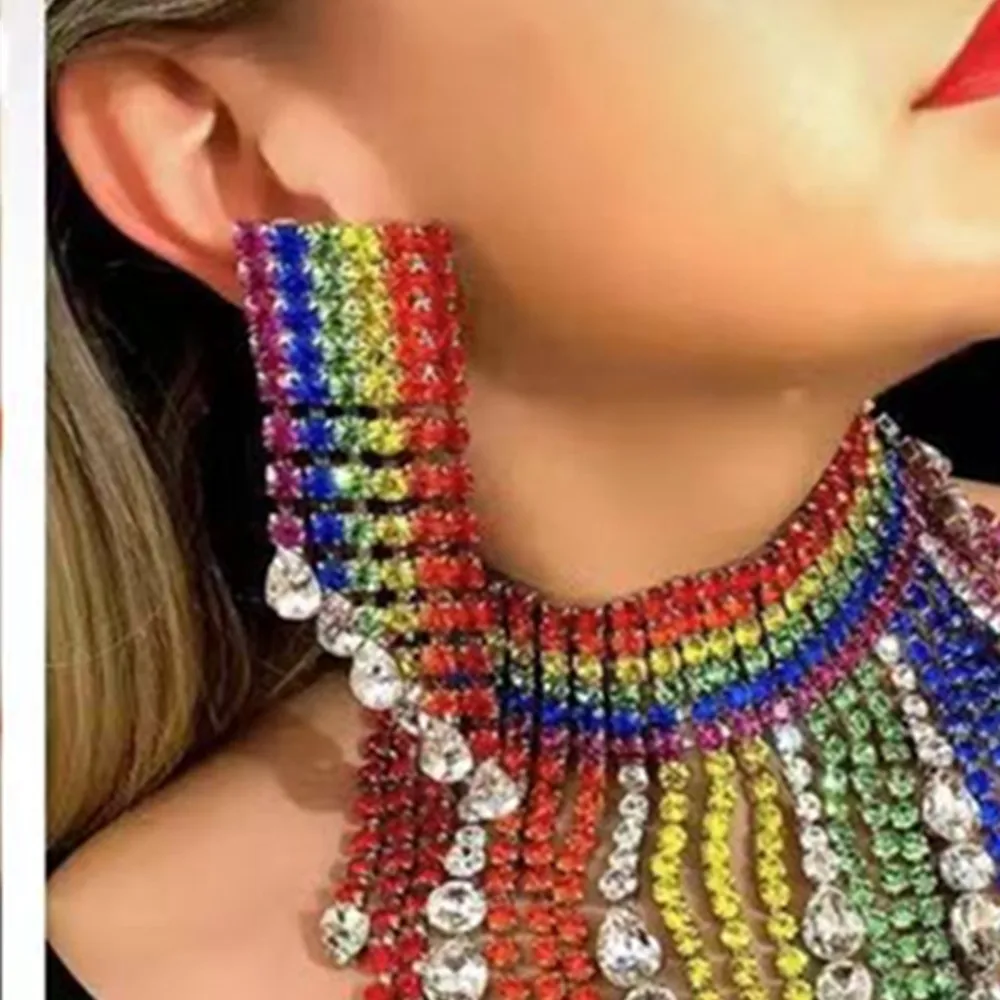

2022 Mixed Color Rhinestone Long Tassel Pendant Earrings Party Jewelry for Women Luxury Crystal Chain Drop Dangle Earrings Gift