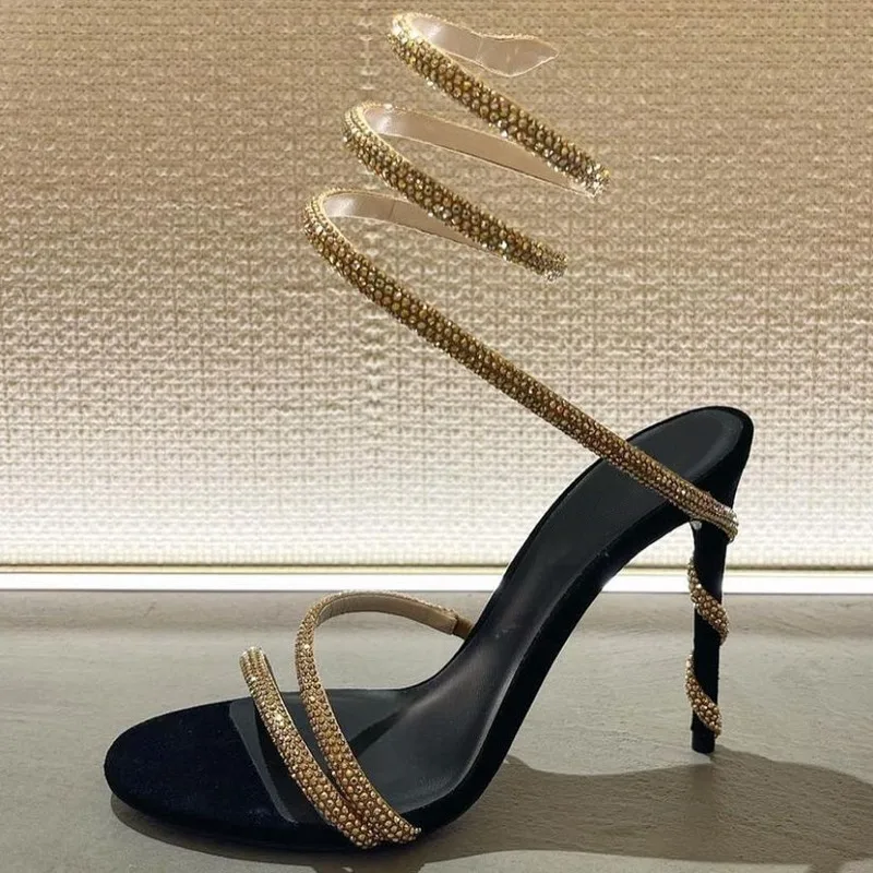 

Women's Roman Shoes New European and American Fashion Banquet Diamond Snake High Heel Thin Heel Round Toe Open Toe Sandals