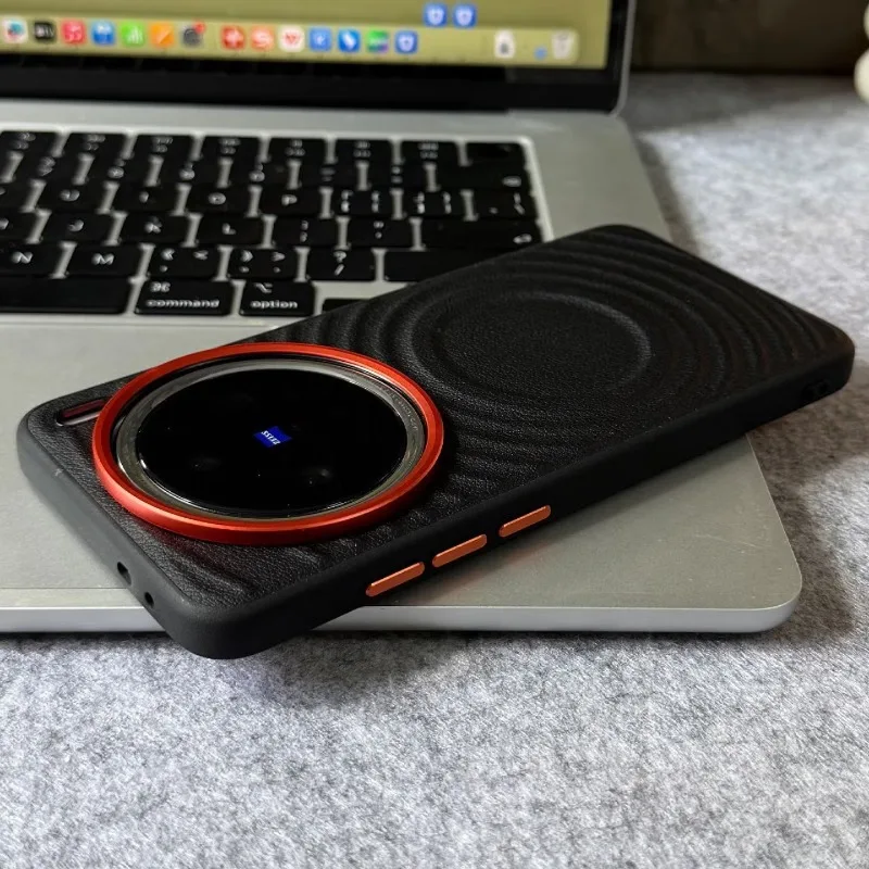 Luxury Colorblock Leather Case with Metal Lens Buttons in Orange - Shockproof and Custom Made