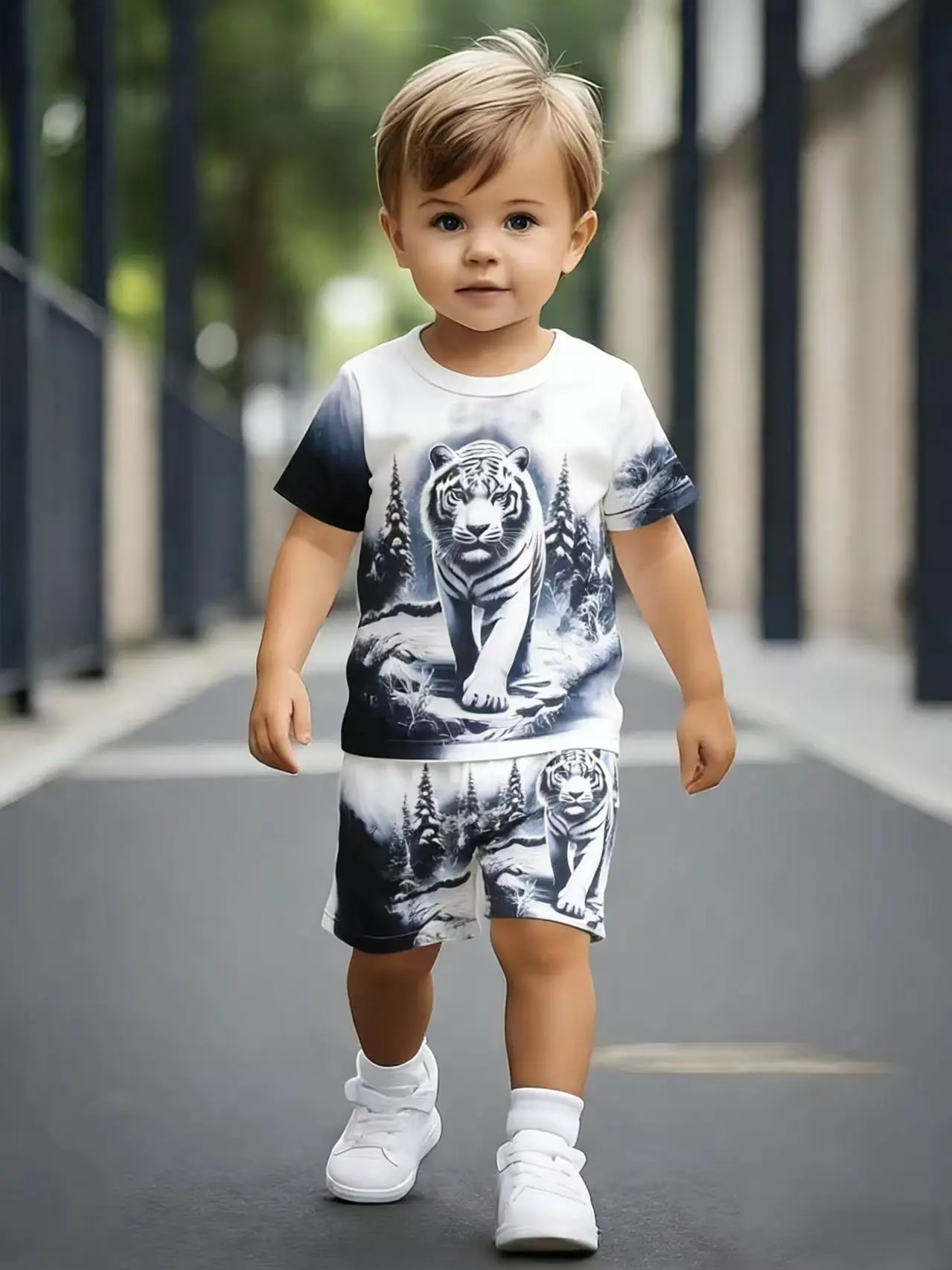 طقم صيفي جديد للأولاد بطباعة النمر بالحبر على كامل القطعة مع أكمام قصيرة وشورت