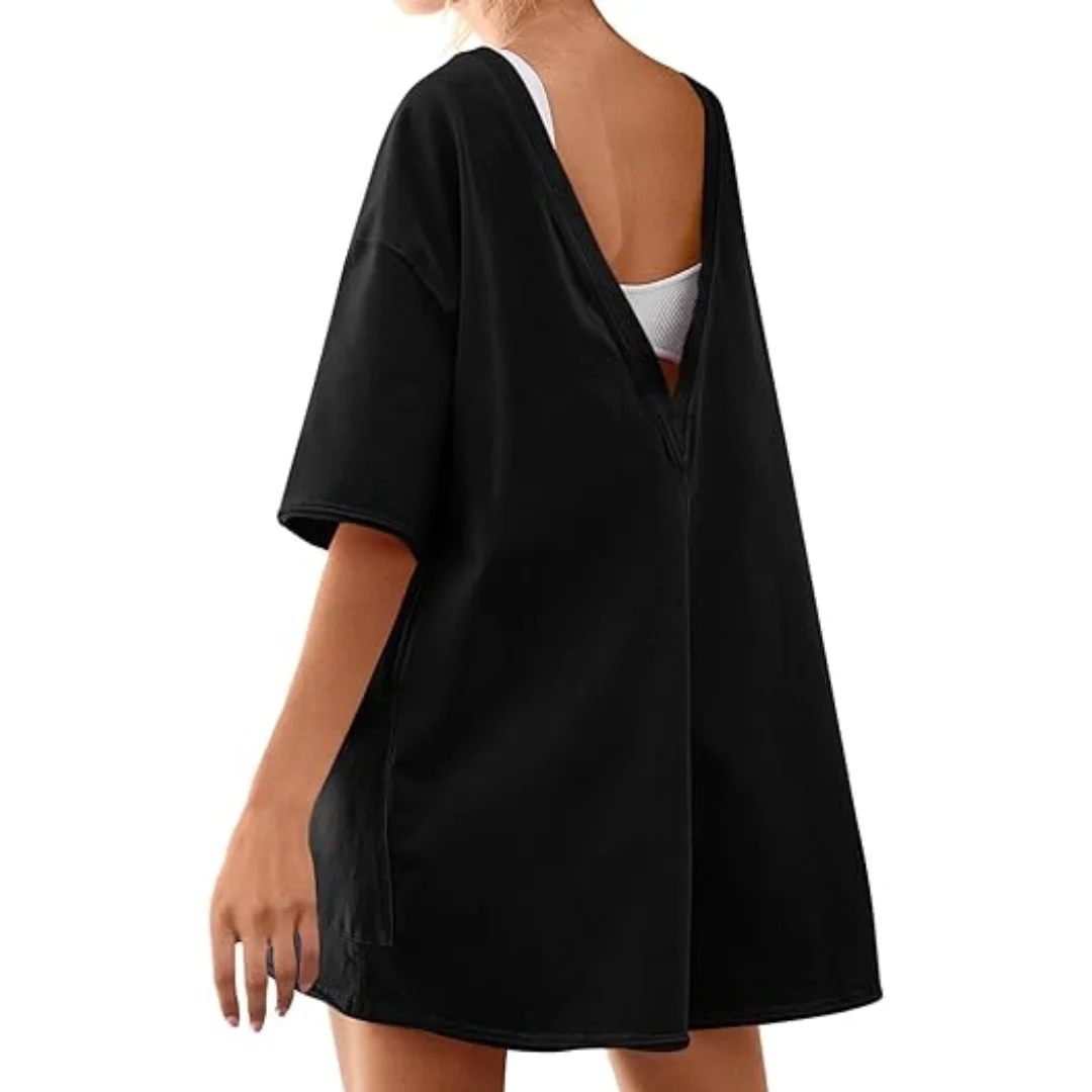 Cicy Bell Womens Short Sleeve Rompers V-shaped Backless Shorts Jumpsuit with Pockets Summer Oversized Tees Round Neck Romper