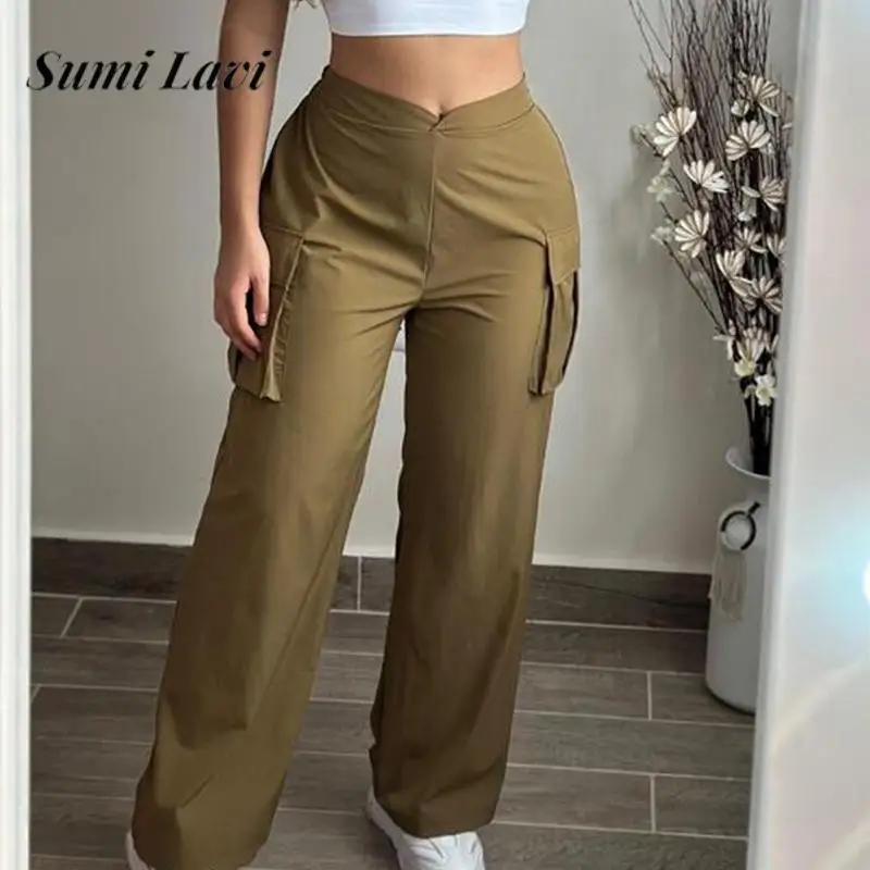 

2024 Women Casual Pockets Draped Long Pant Autumn Elegant High Street Loose Straight Pants Spring Fashion Solid Cargo Pants