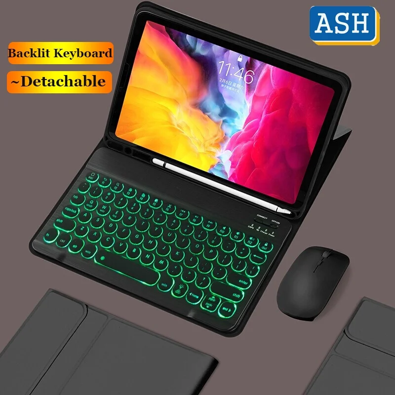 Ash For Galaxy Tab S6 Lite Backlit Detachable Keyboard Mouse Case Round