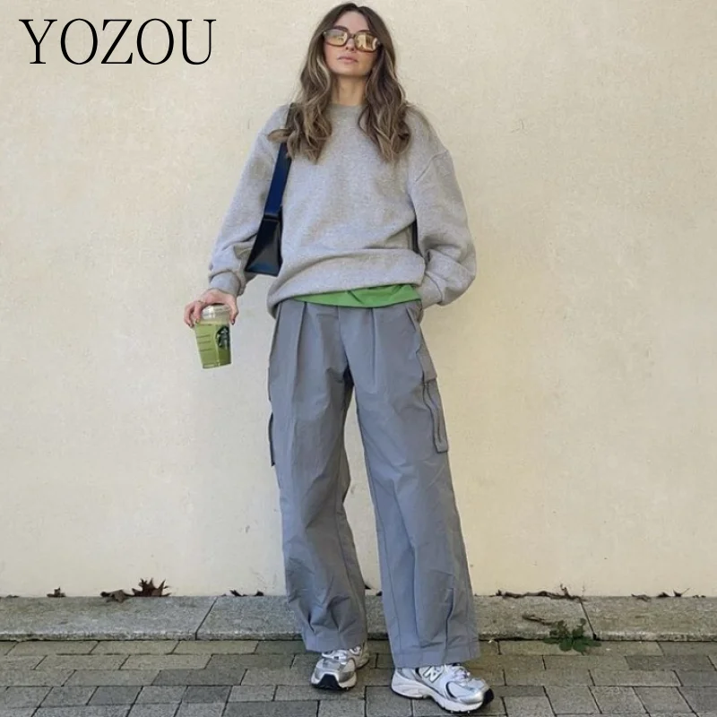 

[YOZOU] Drawstring Gray Baggy Cargo Parachute Pants Wide Leg Loose Oversized Trousers Women Pockets Streetwear Chic Bottoms