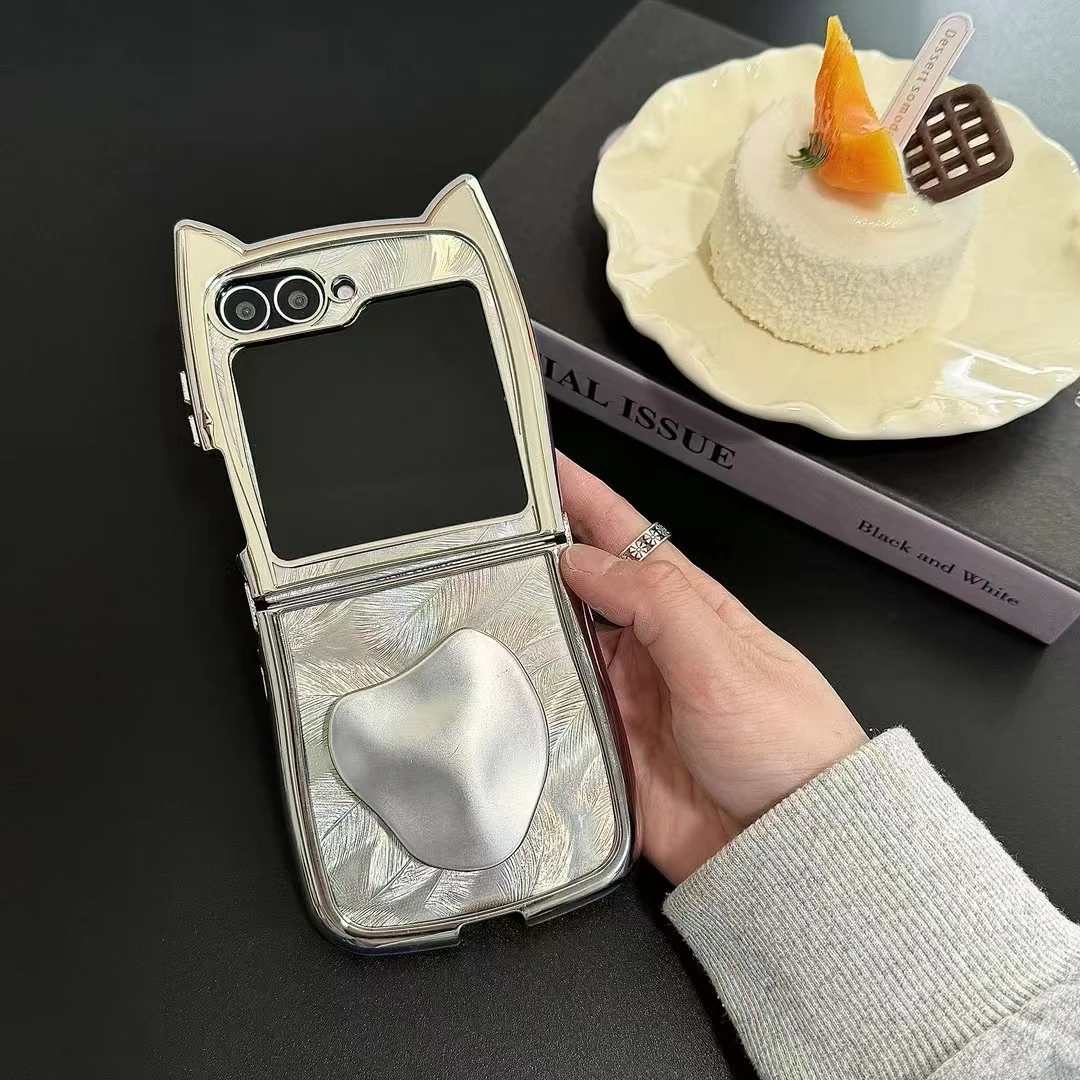 Samsung Galaxy Z Flip 3 4 5 6 Cute kaķa ausu spalvu sirds spoguļa turētāja statīvs mirdzošs tālruņa korpusa vāciņš_voghion.com