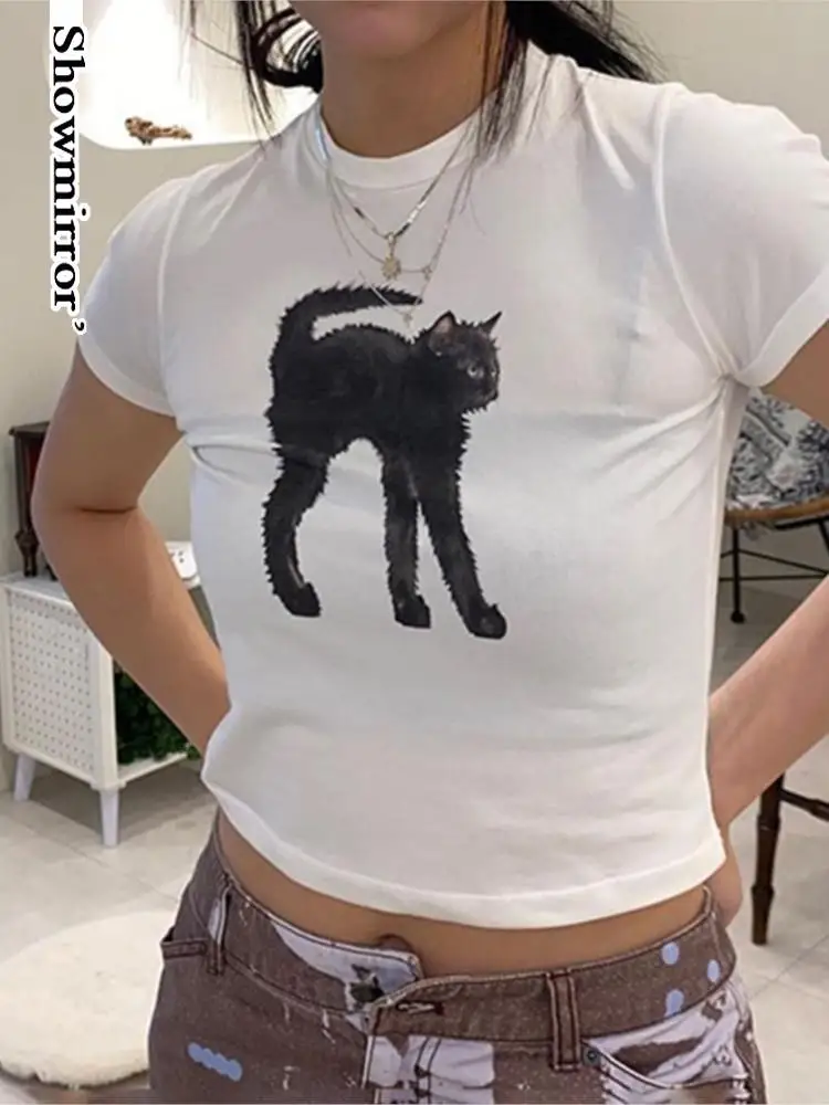 

Укороченный белый топ с милым принтом кота, базовая Повседневная футболка с круглым вырезом и коротким рукавом, Женская винтажная модная футболка в стиле Харадзюку, y2k, наряды, топы