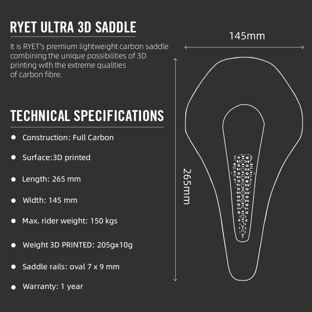 RYET 3Dプリントカーボンレール サドル 実測145g 幅140mm RYET 3D プリント自転車カーボンサドル 140 ミリメートル 142