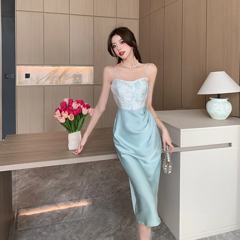 

Green goddess jacquard suspender dress new temperament female long skirt