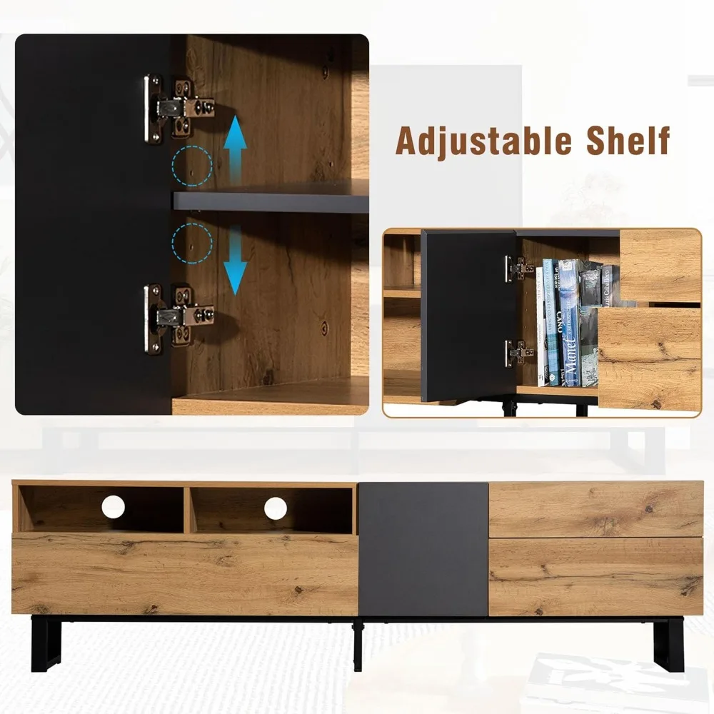 Modern TV Stand with 3 Cabinets & Open Shelves, Minimalist Wooden Entertainment Center for TVs Up To 80”, Sturdy TV Console 3