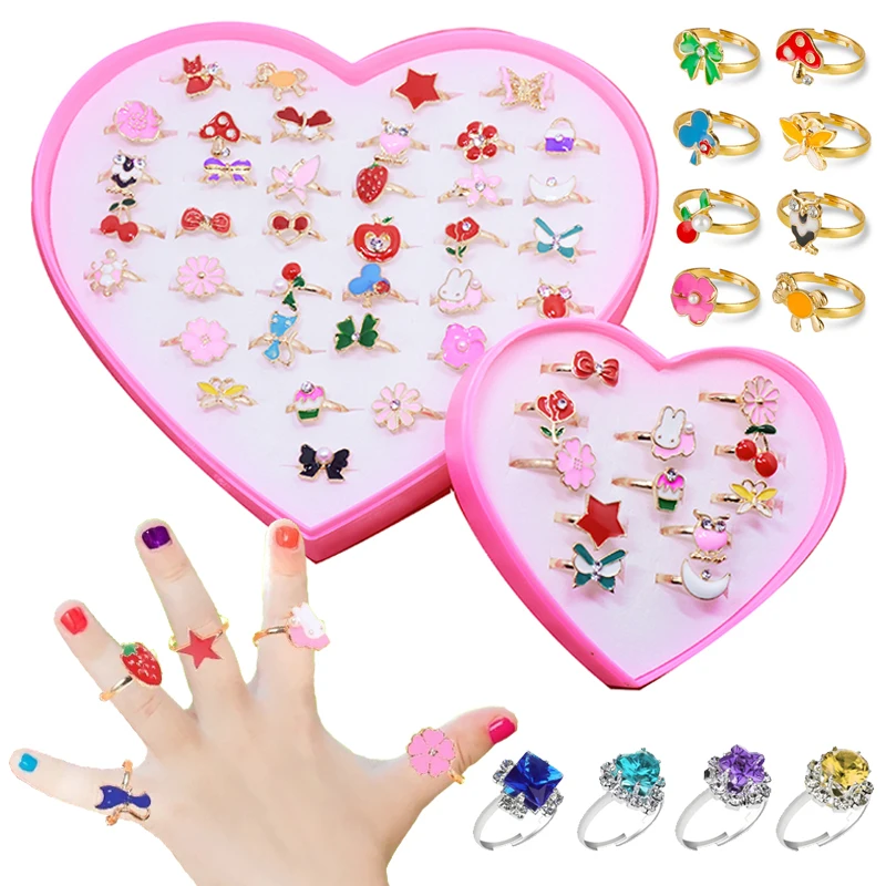 Children princess rings Metal Adjustable Cartoon Fashion Makeup Pretend Games Girls Birthday Gifts Kids Rewards TMZ