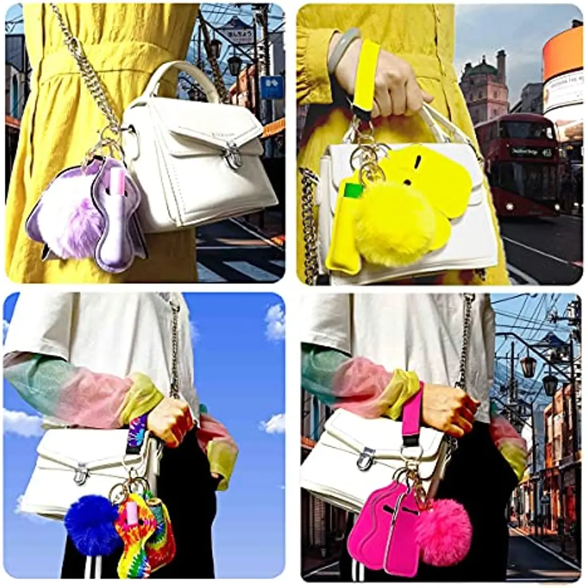 Keychain Holder Decoration with Mini Handbag Personal Alarm Card Trigger Wristband Key Chains Accessories with Pompom