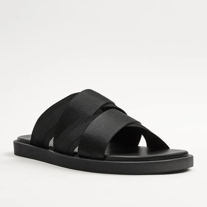 Men's Easy Wear Black Cross-tied Belt Simple Outdoor Slippers Beach Shoes Non-slip Slip-on Comfortable Slides Male