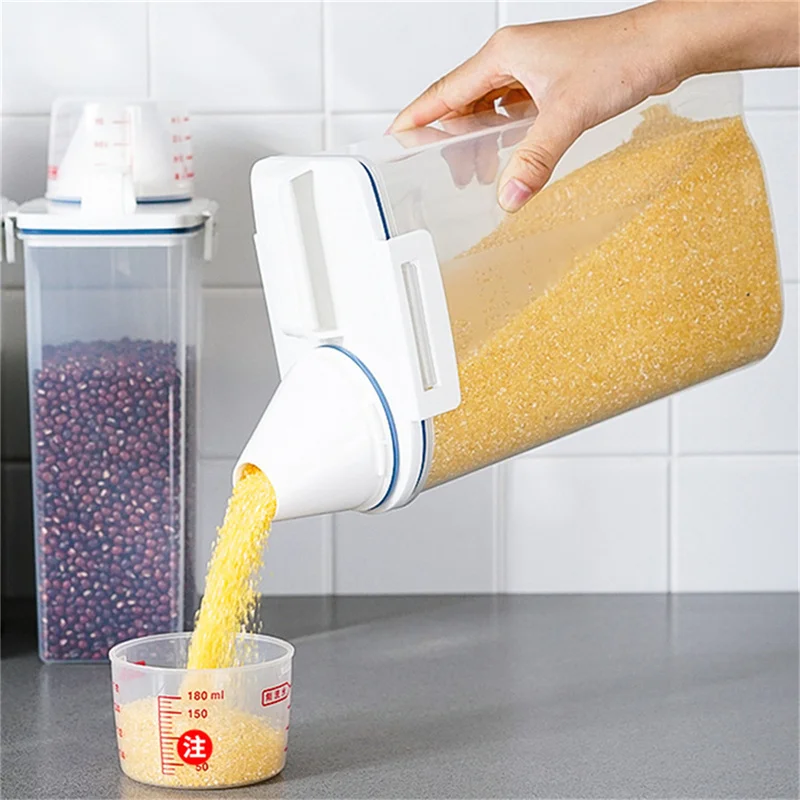 

PP Plastic Airtight Pot Kitchen Food Grain Rice Container with Measuring Cup Kitchen Food Container Pantry Storage Containers