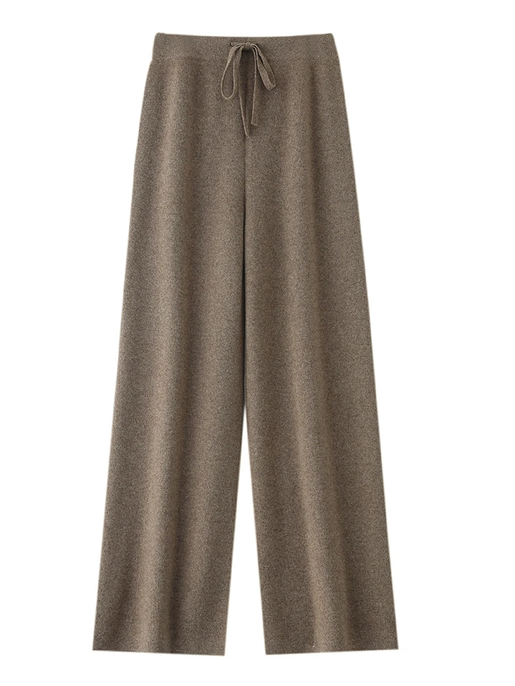 Pantaloni da donna Pantaloni di lana merino al 100% Autunno Inverno Maglione Pantaloni a gamba larga Legatura Elastico Casual Basic Morbido Caldo Pantaloni in maglia 4