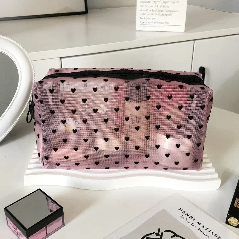 Heart-Shaped Nylon Mesh Cosmetic Bag – Multifunctional Zipper Pouch