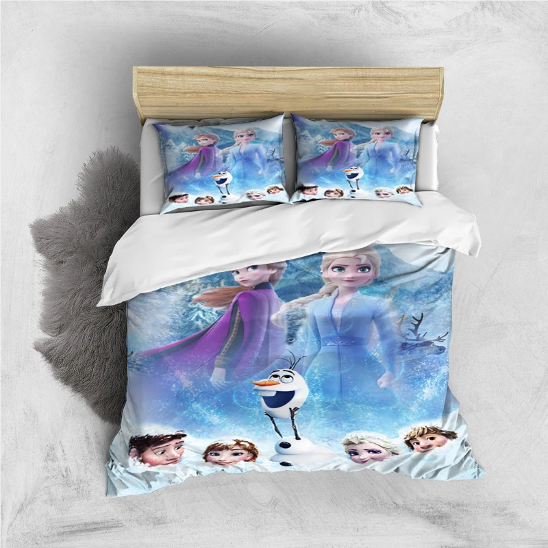 thumbnail image 1 of Juego de cama de tres piezas con estampado de dibujos animados de Disney Frozen Elsa y funda de almohada para niños o adultos, tamaño King, Queen, Full y Twin, 1 of 5