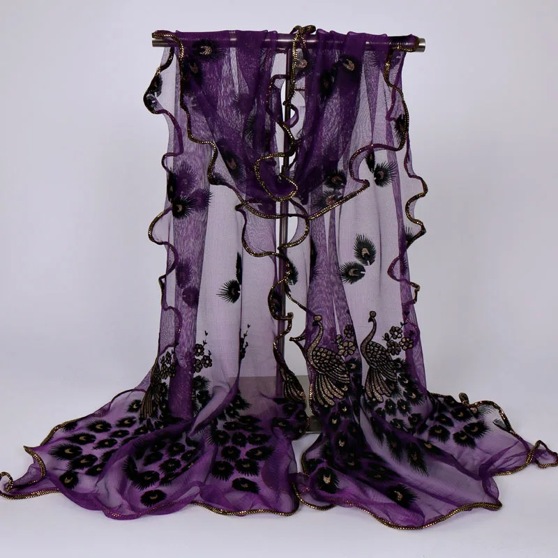 The New 2024 of Popular Fashion Peacock Flocking Breathable cut Scarves lace Ladies scarf Bronzed scarf 40x190cm 2
