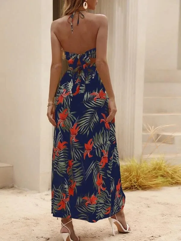Print Halter Neck Slit Dresses Women Sexy Deep V-neck Hollow Out Backless Bowknot Leace-up Long Dress Female Streetwear Vestidos 28 undefined