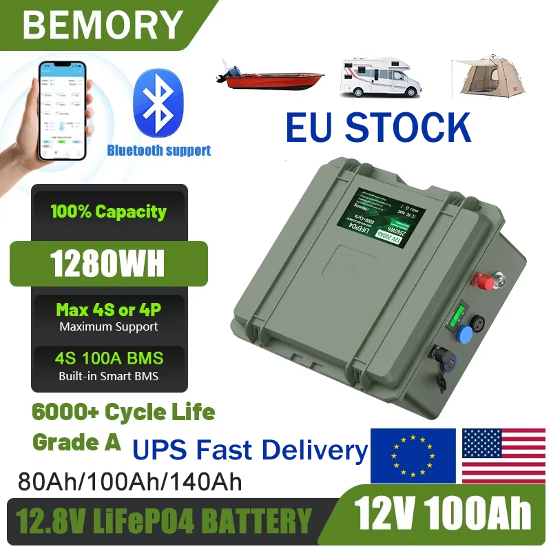 LiFePO4 12V 100Ah 140Ah 200Ah Battery 12.8V Lithium Battery With Bluetooth BMS Waterproof Grand A Cells No Tax EU Stock