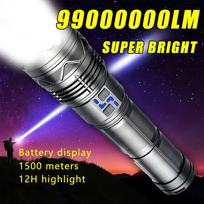 99000000LM Super Bright LED Flashlight 100W GT60 Long Range Powerful Torch Type-c Rechargeable Outdoor Flashlight Power Display