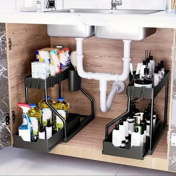 2-Tier L-Shaped Under Sink Organizers (2 Sets), Ideal for Bathroom & Kitchen! With Sliding Drawer & Pull Out Shelves to Maximize 2