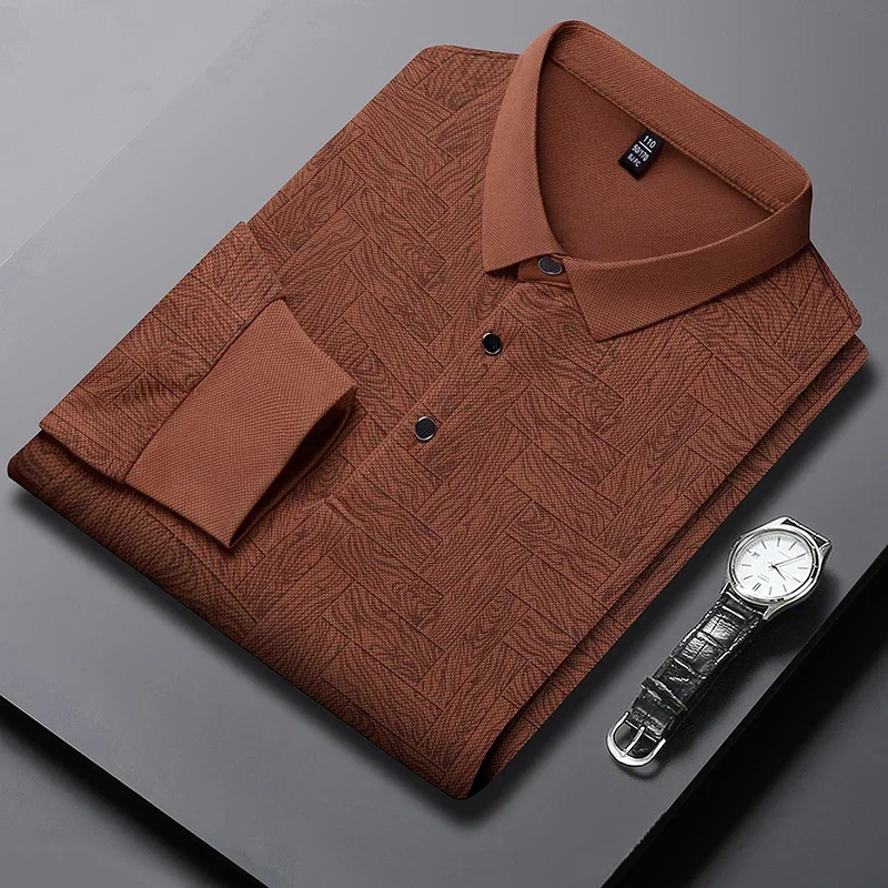 Polo Shirt Men Business Casual Long Sleeved Solid Color Top