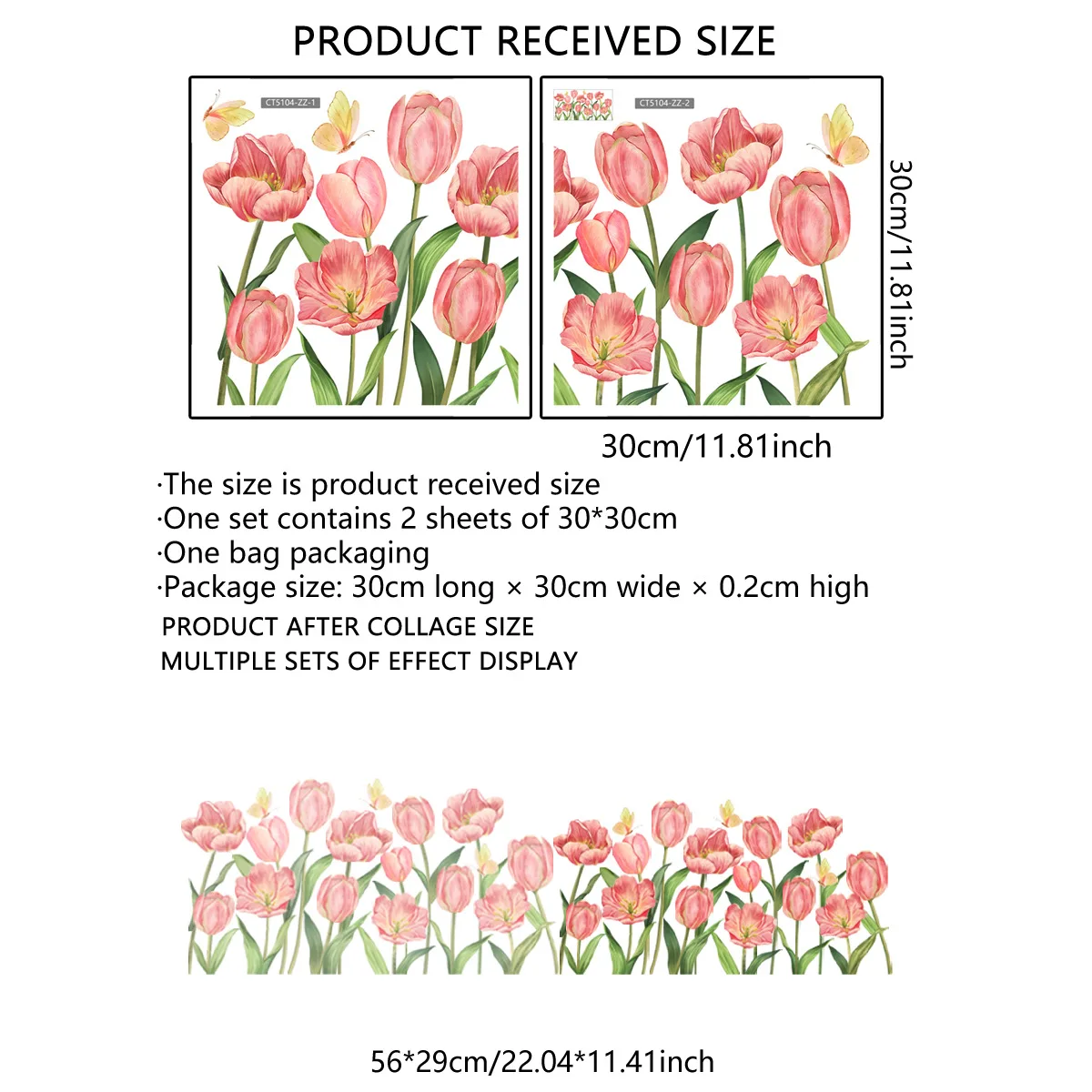Pink Tulip & Butterfly Window Cling Stickers 56x29cm Double-Sided View Static Decals Home Decor Films