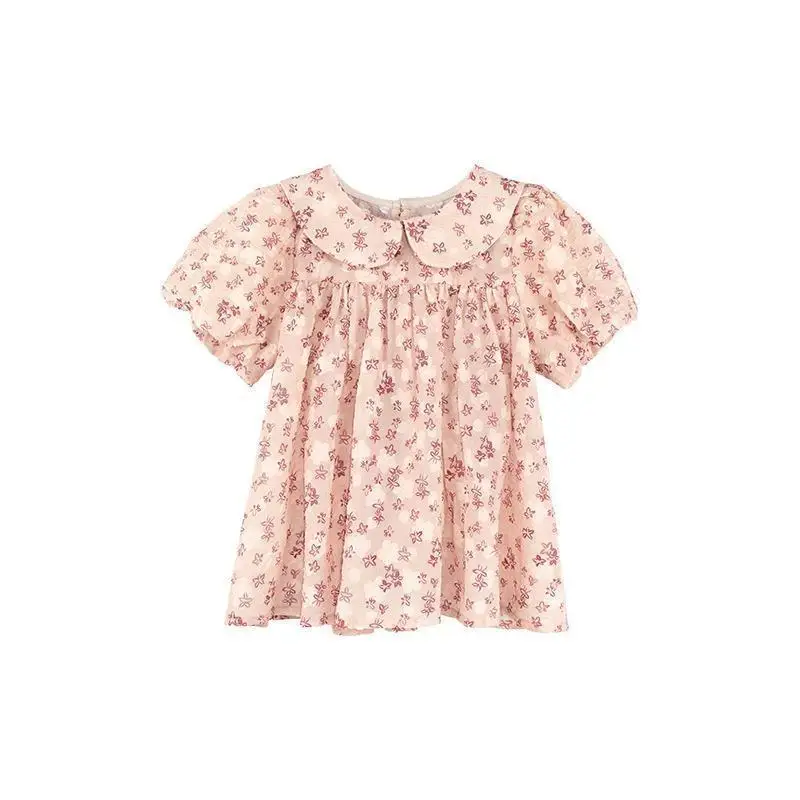 

Girls Doll Shirt 2024 Summer New Childrens Sweet Gentle Pink Fragmented Blouse Half Sleeve Shirt Girls Clothes
