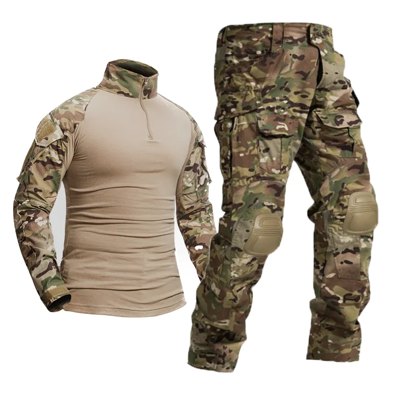 Airsoft Tactical Suits Paintball Uniform Combat Shirts Windproof Camo Cargo Pants Men + Knee Pads Hunting