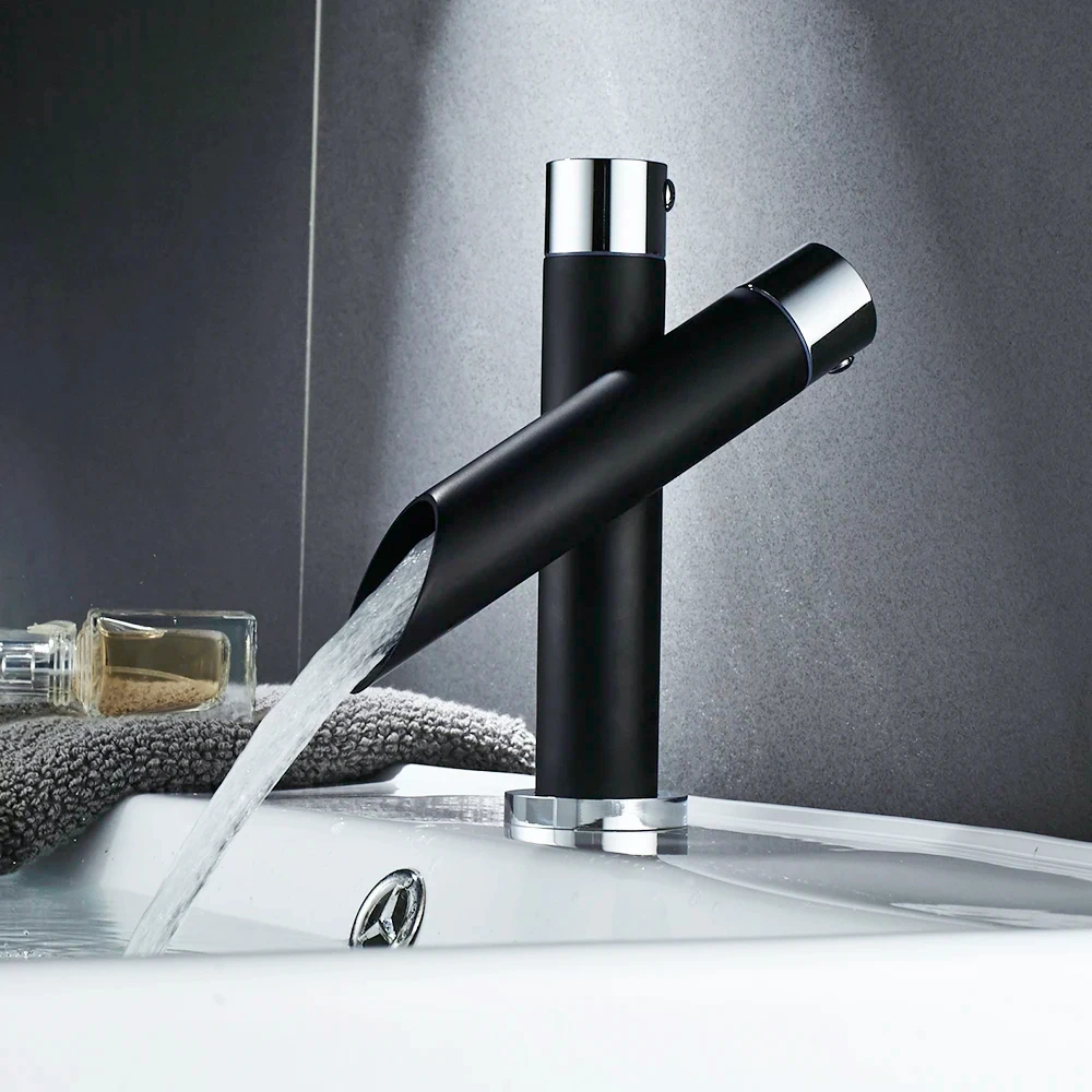 Black Basin Faucet Adjustable Single Hole Faucet Waterfall Bathroom Mixer Chrome Basin Tap Deck Mounted Bath Wash Sink Tap New