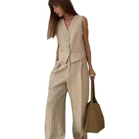 2025 nouvelles femmes lin coton Chic gilet et pantalon costume deux pièces ensemble bureau dames été Chic 2 pièces ensembles femmes tenues 5