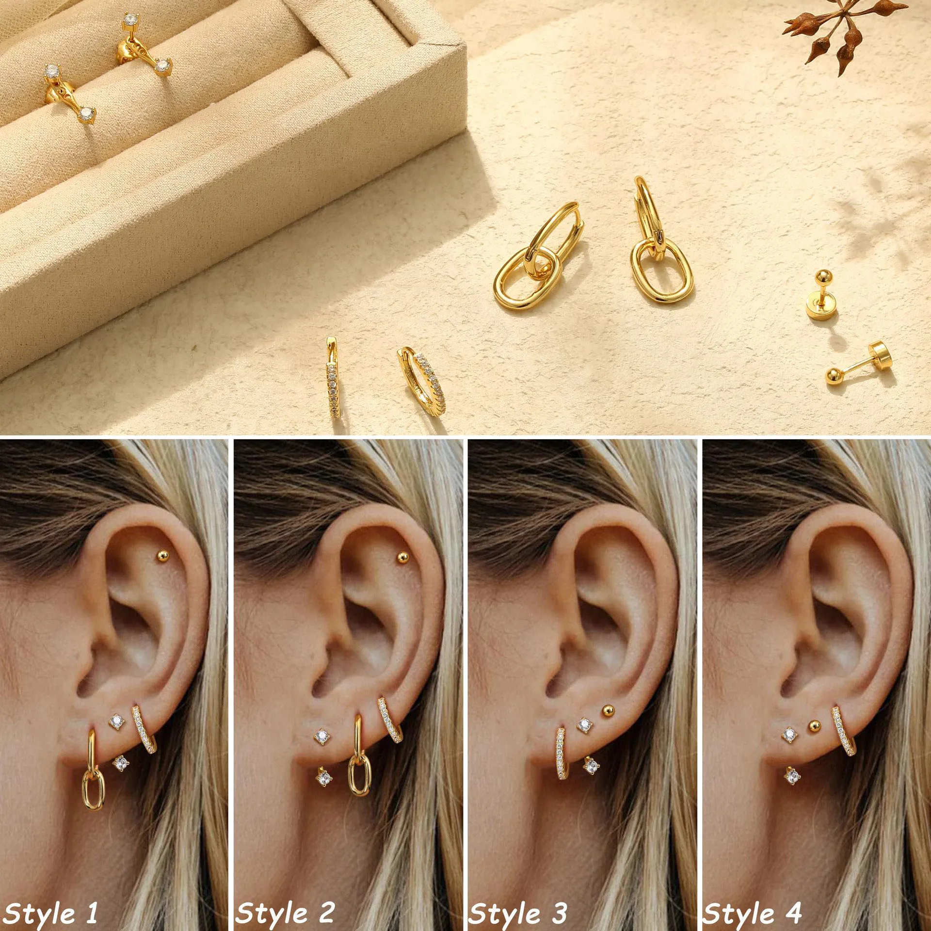 FASACCO Orecchini A Cerchio Per Cartilagine - Retro Piatto, Placcati Oro 14K, 20 Gauge, Multimisura