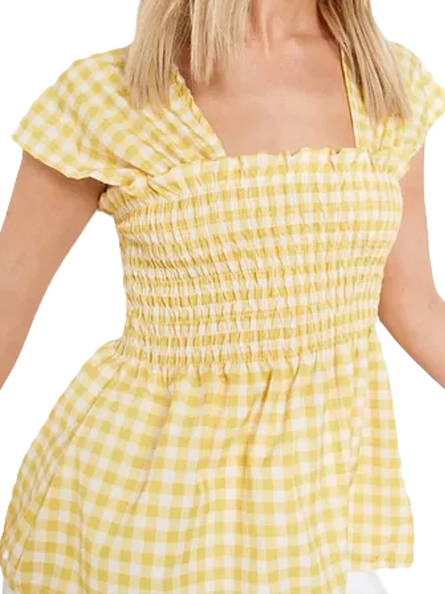 Nensiche Camisetas De Verano Y2K A Cuadros Para Mujer Manga Con Mosa Cuello Cuadrado Volantes Para Fiesta Casual Verano