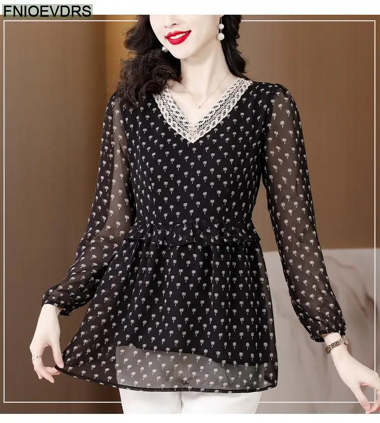 M-5XL 2023 Women European Style Office Lady Long Shirt Patchwork Lace Floral Print Ruffle Belly Black Tunic Peplum Top Blouse