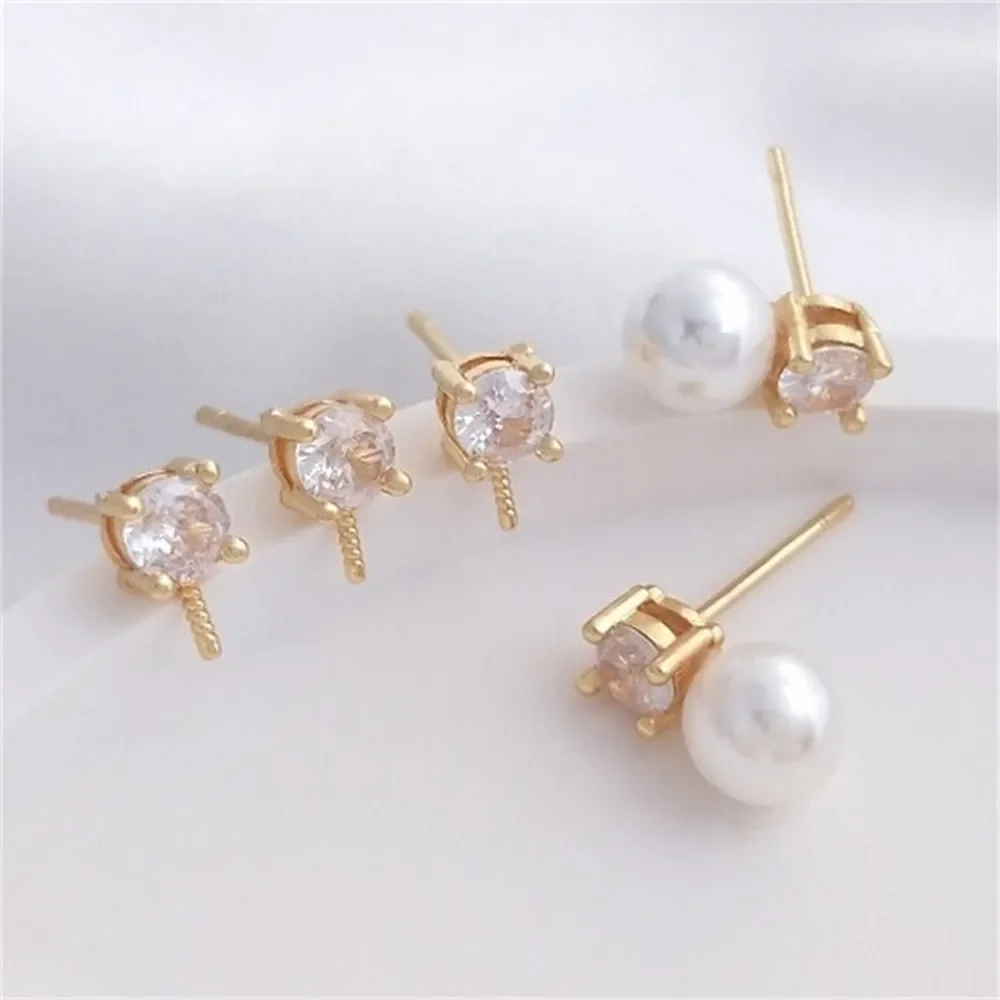 

14K Gold-plated Single Zircon with Half Hole Bead Needle Earrings 925 Silver Needle Bead Holder Earrings Handmade DIY Earrings