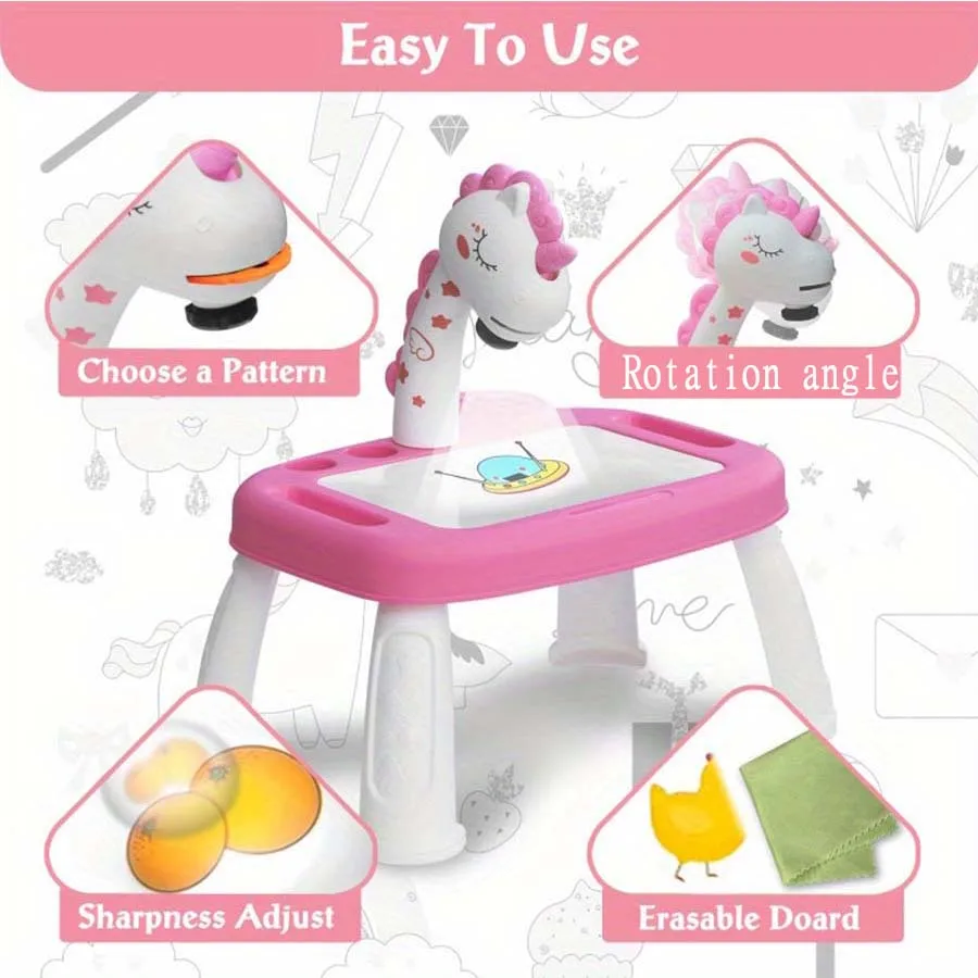 Children's projection painting table, pony shape, graffiti drawing board, electric with music, wipeable drawing board, baby earl 3