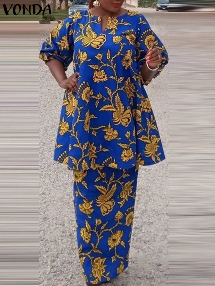 

VONDA Floral Printed 2pcs Dress Sets 2024 Fashion Long Puff Sleeve Vintage V-Neck Bohemian Casual Tops and Maxi Skirts Oversized