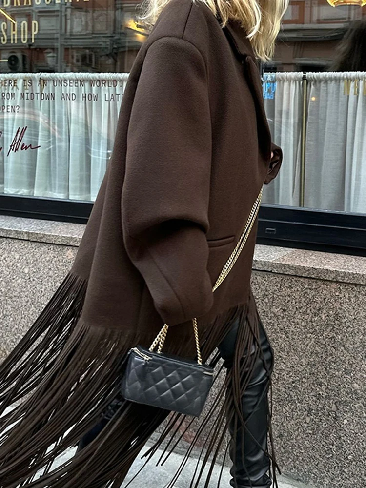 Fashion Tassel Hem Women's Coat Autumn Winter Turndown Collar Long Sleeve Female Overcoat 2024 Brown High Street Lady Outwear 3