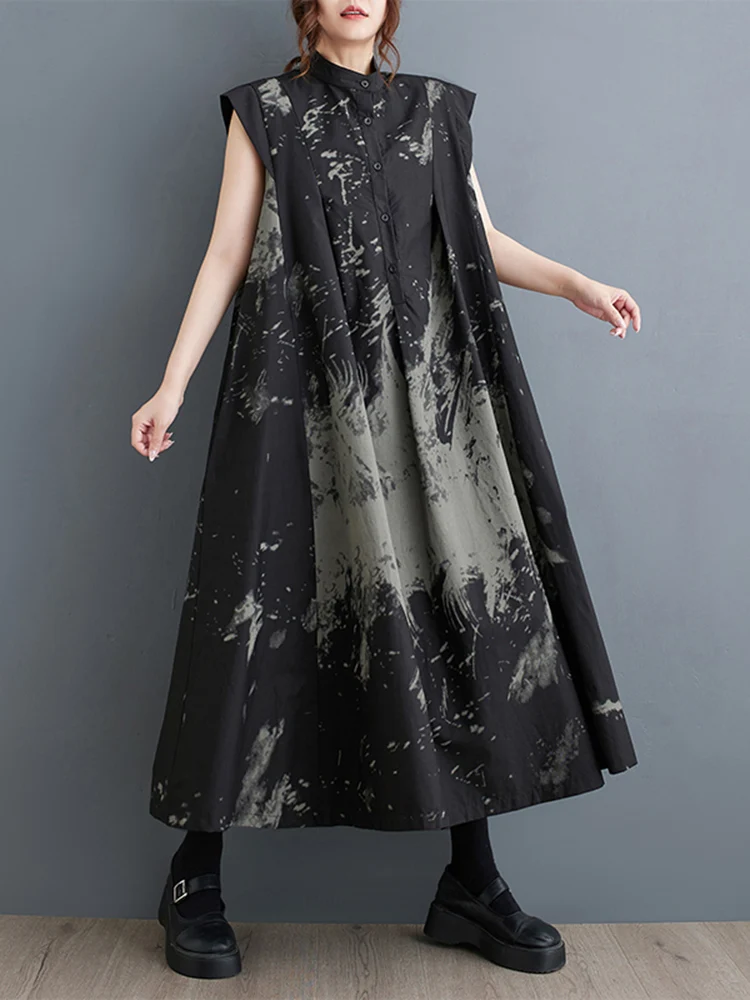 2025 Summer New Black Vintage Print Sleeveless Dresses For Women Stand Collar Loose Casual Long Dress Fashion Elegant Clothing