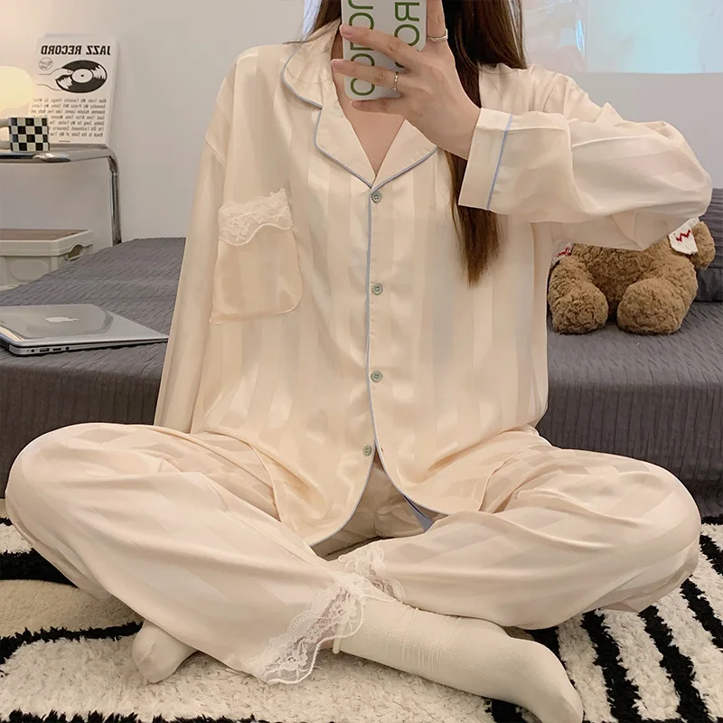 Women 2 Piece Pajama Set Striped Print Pijama Silk Satin Pyjamas Pocket Female Sleepwear Lapel Long Sleeve Shirt Pants Homewear
