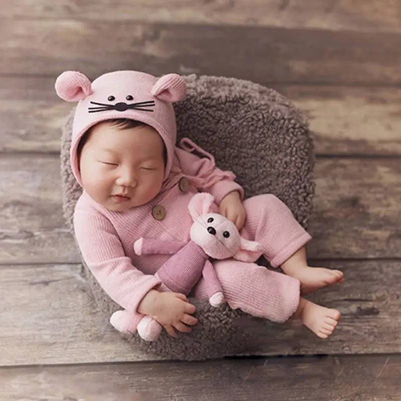 

Baby Knitted Jumpsuit Turban Beanie Bonnet Crochet Romper Hat Mouse for Doll