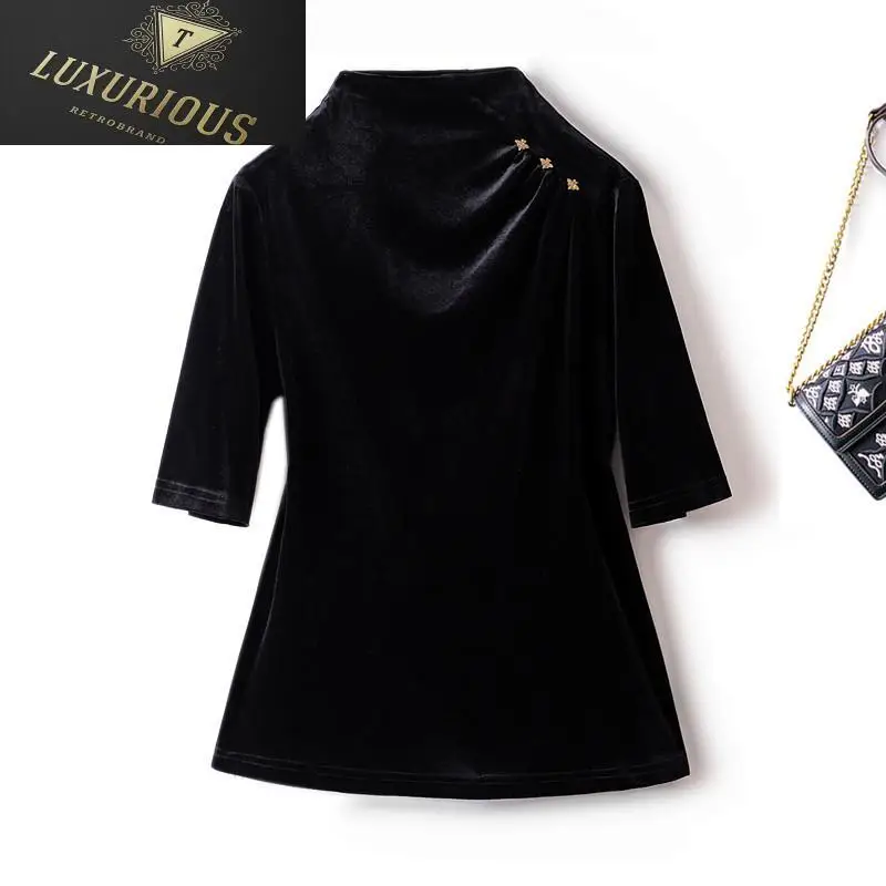 

Fashion Woman Blouses 2024 Winter Velvet Half Sleeve High Collar Pinched Pleated Korean Asymmetrical T-shirt 4XL