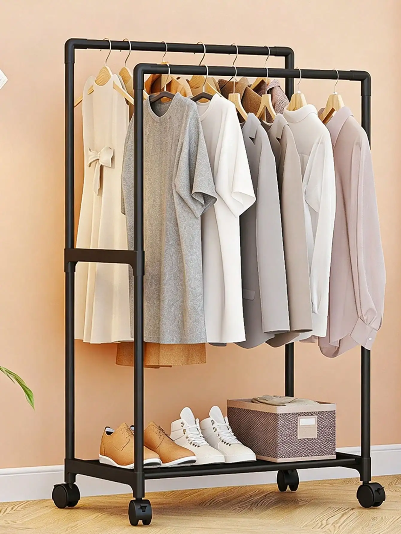 Double-Row, Easy-To-Assemble, Movable Upright Coat Rack, Freestanding Coat And Hat Rack, Multi-Functional Shoe And