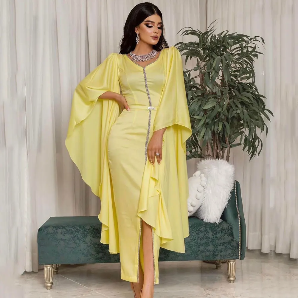 

Saudi Arabian Evening Dresses Mermaid V-Neck Long Sleeve Simple Dubai Women's Party Dress High Split Ankle-Length Prom Gown