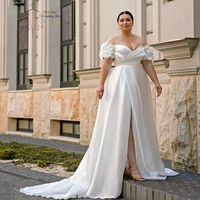 ElegantCustomized Satin Wedding Dresses Plus Size Sweetheart Bride Gowns Flowers Sweep Train Front Slit A-Line Robe De Mariee 1